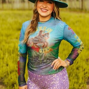NEW LUCKY AND BLESSED Blue Western Multi Color Cowgirl Long Sleeve Mesh Top